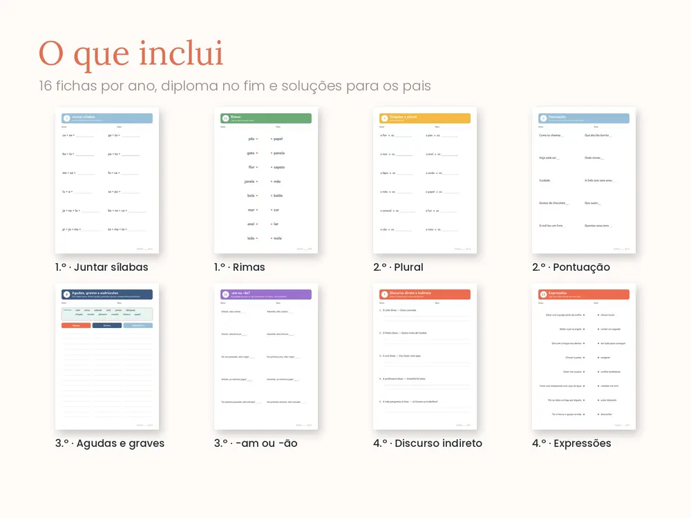 Fichas de Português 1.º ao 4.º Ano: O que inclui