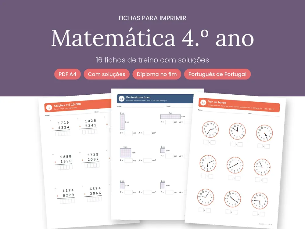 Year 4 Maths Worksheets (Portuguese)